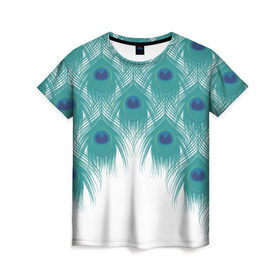 Женская футболка 3D с принтом Перья павлина в Екатеринбурге, 100% полиэфир ( синтетическое хлопкоподобное полотно) | прямой крой, круглый вырез горловины, длина до линии бедер | павлин | перья | птицы | фауна