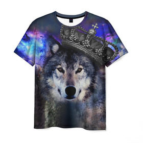 Мужская футболка 3D с принтом King Wolf в Екатеринбурге, 100% полиэфир | прямой крой, круглый вырез горловины, длина до линии бедер | животное | зверь | космос | природа волк | русь | славяне