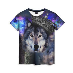 Женская футболка 3D с принтом King Wolf в Екатеринбурге, 100% полиэфир ( синтетическое хлопкоподобное полотно) | прямой крой, круглый вырез горловины, длина до линии бедер | животное | зверь | космос | природа волк | русь | славяне