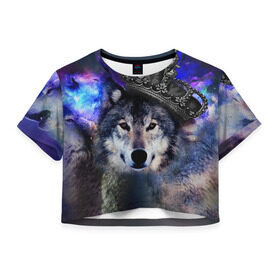 Женская футболка 3D укороченная с принтом King Wolf в Екатеринбурге, 100% полиэстер | круглая горловина, длина футболки до линии талии, рукава с отворотами | животное | зверь | космос | природа волк | русь | славяне