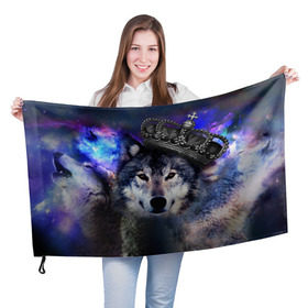 Флаг 3D с принтом King Wolf в Екатеринбурге, 100% полиэстер | плотность ткани — 95 г/м2, размер — 67 х 109 см. Принт наносится с одной стороны | животное | зверь | космос | природа волк | русь | славяне
