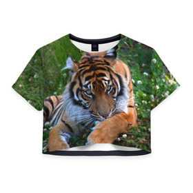 Женская футболка 3D укороченная с принтом Скромный тигр в Екатеринбурге, 100% полиэстер | круглая горловина, длина футболки до линии талии, рукава с отворотами | Тематика изображения на принте: дикие | лев | милые | новинки | орел | популярные | прикольные | природа | птицы | тигр | яркие