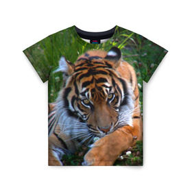 Детская футболка 3D с принтом Скромный тигр в Екатеринбурге, 100% гипоаллергенный полиэфир | прямой крой, круглый вырез горловины, длина до линии бедер, чуть спущенное плечо, ткань немного тянется | Тематика изображения на принте: дикие | лев | милые | новинки | орел | популярные | прикольные | природа | птицы | тигр | яркие