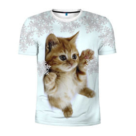 Мужская футболка 3D спортивная с принтом Котенок и снежинки в Екатеринбурге, 100% полиэстер с улучшенными характеристиками | приталенный силуэт, круглая горловина, широкие плечи, сужается к линии бедра | Тематика изображения на принте: 2017 | котенок | милые создания | милый котенок | новый год | подарок на новый год | снежинки