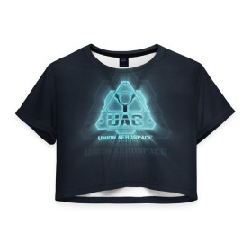 Женская футболка 3D укороченная с принтом Union Aerospace corporation в Екатеринбурге, 100% полиэстер | круглая горловина, длина футболки до линии талии, рукава с отворотами | doom | uac | дум | космос