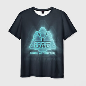 Мужская футболка 3D с принтом Union Aerospace corporation в Екатеринбурге, 100% полиэфир | прямой крой, круглый вырез горловины, длина до линии бедер | doom | uac | дум | космос