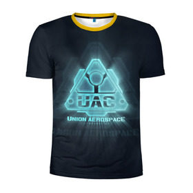 Мужская футболка 3D спортивная с принтом Union Aerospace corporation в Екатеринбурге, 100% полиэстер с улучшенными характеристиками | приталенный силуэт, круглая горловина, широкие плечи, сужается к линии бедра | Тематика изображения на принте: doom | uac | дум | космос