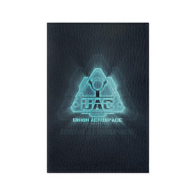 Обложка для паспорта матовая кожа с принтом Union Aerospace corporation в Екатеринбурге, натуральная матовая кожа | размер 19,3 х 13,7 см; прозрачные пластиковые крепления | doom | uac | дум | космос