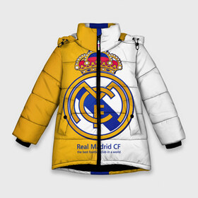 Зимняя куртка для девочек 3D с принтом Real Madrid CF в Екатеринбурге, ткань верха — 100% полиэстер; подклад — 100% полиэстер, утеплитель — 100% полиэстер. | длина ниже бедра, удлиненная спинка, воротник стойка и отстегивающийся капюшон. Есть боковые карманы с листочкой на кнопках, утяжки по низу изделия и внутренний карман на молнии. 

Предусмотрены светоотражающий принт на спинке, радужный светоотражающий элемент на пуллере молнии и на резинке для утяжки. | football | испания | клуб | мадрид | реал | фк | футбольный
