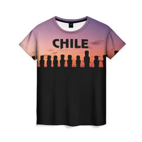 Женская футболка 3D с принтом Чили в Екатеринбурге, 100% полиэфир ( синтетическое хлопкоподобное полотно) | прямой крой, круглый вырез горловины, длина до линии бедер | изваяние | истукан | латинская америка | остров пасхи | турист | чили