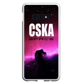 Чехол для Samsung S10E с принтом CSKA space в Екатеринбурге, Силикон | Область печати: задняя сторона чехла, без боковых панелей | Тематика изображения на принте: cska | конь | космос | красно синие | на макете изображена космическая туманность в виде коня   символа пфк цска.цска | премьер лига | футбол | чемпион