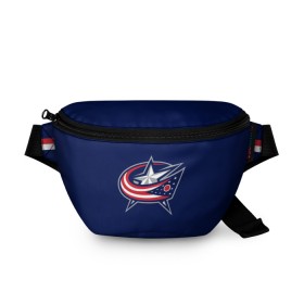 Поясная сумка 3D с принтом Columbus Blue Jackets в Екатеринбурге, 100% полиэстер | плотная ткань, ремень с регулируемой длиной, внутри несколько карманов для мелочей, основное отделение и карман с обратной стороны сумки застегиваются на молнию | Тематика изображения на принте: columbus blue jackets | hockey | nhl | нхл | хоккей