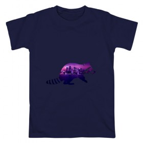 Мужская футболка хлопок с принтом енот город в Екатеринбурге, 100% хлопок | прямой крой, круглый вырез горловины, длина до линии бедер, слегка спущенное плечо. | Тематика изображения на принте: вода | город | енот | залив | здания | огни | розовый | фиолетовый