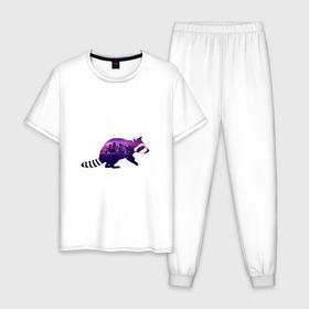 Мужская пижама хлопок с принтом енот город в Екатеринбурге, 100% хлопок | брюки и футболка прямого кроя, без карманов, на брюках мягкая резинка на поясе и по низу штанин
 | вода | город | енот | залив | здания | огни | розовый | фиолетовый