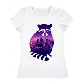 Женская футболка хлопок с принтом енот город в Екатеринбурге, 100% хлопок | прямой крой, круглый вырез горловины, длина до линии бедер, слегка спущенное плечо | Тематика изображения на принте: 
