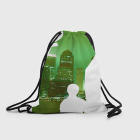 Рюкзак-мешок 3D с принтом зеленый фонарь город в Екатеринбурге, 100% полиэстер | плотность ткани — 200 г/м2, размер — 35 х 45 см; лямки — толстые шнурки, застежка на шнуровке, без карманов и подкладки | вода | город | залив | здания | зеленый | огни | розовый | супергерой | фиолетовый | фонарь