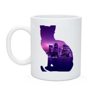 Кружка с принтом кошка город в Екатеринбурге, керамика | объем — 330 мл, диаметр — 80 мм. Принт наносится на бока кружки, можно сделать два разных изображения | вода | город | залив | здания | киса | кот | кошка | огни | розовый | фиолетовый