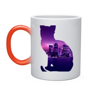 Кружка хамелеон с принтом кошка город в Екатеринбурге, керамика | меняет цвет при нагревании, емкость 330 мл | вода | город | залив | здания | киса | кот | кошка | огни | розовый | фиолетовый