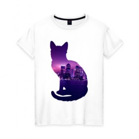 Женская футболка хлопок с принтом кошка город в Екатеринбурге, 100% хлопок | прямой крой, круглый вырез горловины, длина до линии бедер, слегка спущенное плечо | вода | город | залив | здания | киса | кот | кошка | огни | розовый | фиолетовый