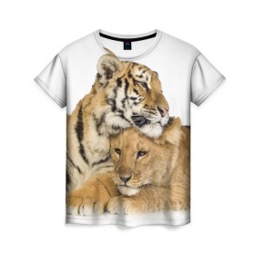 Женская футболка 3D с принтом Тигр и львица в Екатеринбурге, 100% полиэфир ( синтетическое хлопкоподобное полотно) | прямой крой, круглый вырез горловины, длина до линии бедер | дикие | милые | природа | тигр | яркие