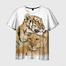 Мужская футболка 3D с принтом Тигр и львица в Екатеринбурге, 100% полиэфир | прямой крой, круглый вырез горловины, длина до линии бедер | дикие | милые | природа | тигр | яркие