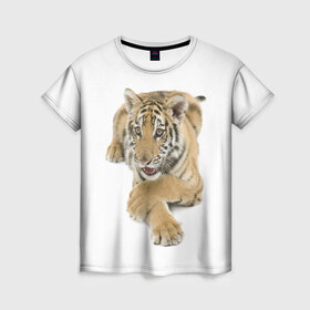 Женская футболка 3D с принтом Ласковый тигренок в Екатеринбурге, 100% полиэфир ( синтетическое хлопкоподобное полотно) | прямой крой, круглый вырез горловины, длина до линии бедер | Тематика изображения на принте: дикие | милые | природа | тигр | яркие