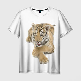 Мужская футболка 3D с принтом Ласковый тигренок в Екатеринбурге, 100% полиэфир | прямой крой, круглый вырез горловины, длина до линии бедер | дикие | милые | природа | тигр | яркие