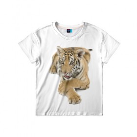 Детская футболка 3D с принтом Ласковый тигренок в Екатеринбурге, 100% гипоаллергенный полиэфир | прямой крой, круглый вырез горловины, длина до линии бедер, чуть спущенное плечо, ткань немного тянется | дикие | милые | природа | тигр | яркие