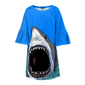 Детское платье 3D с принтом shark в Екатеринбурге, 100% полиэстер | прямой силуэт, чуть расширенный к низу. Круглая горловина, на рукавах — воланы | Тематика изображения на принте: fish | ocean | shark | water | акула | море | океан | рыба