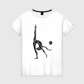 Женская футболка хлопок с принтом Гимнастка с мячом в Екатеринбурге, 100% хлопок | прямой крой, круглый вырез горловины, длина до линии бедер, слегка спущенное плечо | Тематика изображения на принте: булавы | гимнастика | гимнастка | лента | мяч | обруч | художественная гимнастика