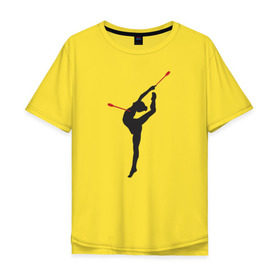 Мужская футболка хлопок Oversize с принтом Гимнастка с булавами в Екатеринбурге, 100% хлопок | свободный крой, круглый ворот, “спинка” длиннее передней части | булавы | гимнастика | гимнастка | лента | мяч | обруч | художественная гимнастика