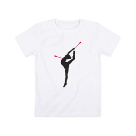 Детская футболка хлопок с принтом Гимнастка с булавами в Екатеринбурге, 100% хлопок | круглый вырез горловины, полуприлегающий силуэт, длина до линии бедер | булавы | гимнастика | гимнастка | лента | мяч | обруч | художественная гимнастика