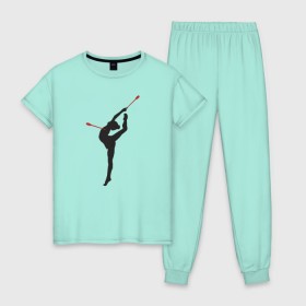 Женская пижама хлопок с принтом Гимнастка с булавами в Екатеринбурге, 100% хлопок | брюки и футболка прямого кроя, без карманов, на брюках мягкая резинка на поясе и по низу штанин | булавы | гимнастика | гимнастка | лента | мяч | обруч | художественная гимнастика