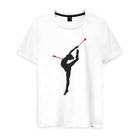 Мужская футболка хлопок с принтом Гимнастка с булавами в Екатеринбурге, 100% хлопок | прямой крой, круглый вырез горловины, длина до линии бедер, слегка спущенное плечо. | булавы | гимнастика | гимнастка | лента | мяч | обруч | художественная гимнастика