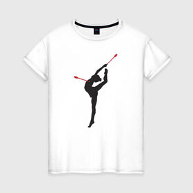 Женская футболка хлопок с принтом Гимнастка с булавами в Екатеринбурге, 100% хлопок | прямой крой, круглый вырез горловины, длина до линии бедер, слегка спущенное плечо | булавы | гимнастика | гимнастка | лента | мяч | обруч | художественная гимнастика