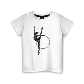 Детская футболка хлопок с принтом Гимнастка с обручем в Екатеринбурге, 100% хлопок | круглый вырез горловины, полуприлегающий силуэт, длина до линии бедер | Тематика изображения на принте: булавы | гимнастика | гимнастка | лента | мяч | обруч | художественная гимнастика