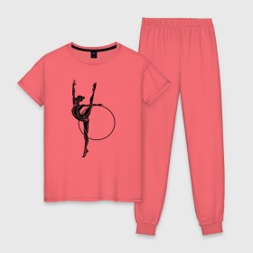 Женская пижама хлопок с принтом Гимнастка с обручем в Екатеринбурге, 100% хлопок | брюки и футболка прямого кроя, без карманов, на брюках мягкая резинка на поясе и по низу штанин | булавы | гимнастика | гимнастка | лента | мяч | обруч | художественная гимнастика