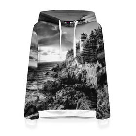 Женская толстовка 3D с принтом Маяк в Екатеринбурге, 100% полиэстер  | двухслойный капюшон со шнурком для регулировки, мягкие манжеты на рукавах и по низу толстовки, спереди карман-кенгуру с мягким внутренним слоем. | black   white | forest | lighthouse | photo | rocks | sea | shore | spruce | sunset | waves | берег | волны | ельник | закат | камни | лес | маяк | море