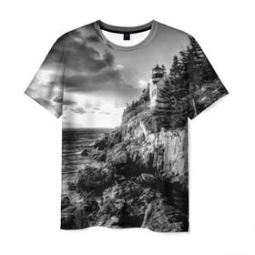 Мужская футболка 3D с принтом Маяк в Екатеринбурге, 100% полиэфир | прямой крой, круглый вырез горловины, длина до линии бедер | black   white | forest | lighthouse | photo | rocks | sea | shore | spruce | sunset | waves | берег | волны | ельник | закат | камни | лес | маяк | море