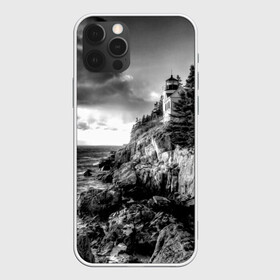 Чехол для iPhone 12 Pro Max с принтом Маяк в Екатеринбурге, Силикон |  | black   white | forest | lighthouse | photo | rocks | sea | shore | spruce | sunset | waves | берег | волны | ельник | закат | камни | лес | маяк | море