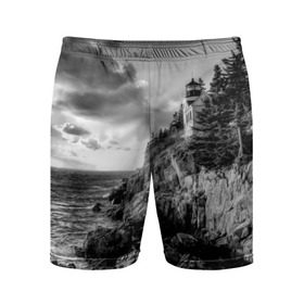 Мужские шорты 3D спортивные с принтом Маяк в Екатеринбурге,  |  | black   white | forest | lighthouse | photo | rocks | sea | shore | spruce | sunset | waves | берег | волны | ельник | закат | камни | лес | маяк | море