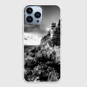 Чехол для iPhone 13 Pro Max с принтом Маяк в Екатеринбурге,  |  | black   white | forest | lighthouse | photo | rocks | sea | shore | spruce | sunset | waves | берег | волны | ельник | закат | камни | лес | маяк | море