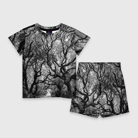 Детский костюм с шортами 3D с принтом Деревья в Екатеринбурге,  |  | black   white | crown | curly | forest | park | path | photo | thick | trees | деревья | дорожка | дремучий | крона | кудрявая | лес | парк | фото | черно   белое