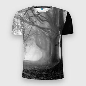 Мужская футболка 3D спортивная с принтом Туман в лесу в Екатеринбурге, 100% полиэстер с улучшенными характеристиками | приталенный силуэт, круглая горловина, широкие плечи, сужается к линии бедра | Тематика изображения на принте: black   white | fog | forest | morning | photo | silhouette | trees | деревья | лес | силуэт | туман | утро | фото | черно   белое