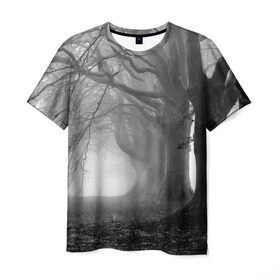Мужская футболка 3D с принтом Туман в лесу в Екатеринбурге, 100% полиэфир | прямой крой, круглый вырез горловины, длина до линии бедер | Тематика изображения на принте: black   white | fog | forest | morning | photo | silhouette | trees | деревья | лес | силуэт | туман | утро | фото | черно   белое