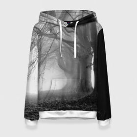 Женская толстовка 3D с принтом Туман в лесу в Екатеринбурге, 100% полиэстер  | двухслойный капюшон со шнурком для регулировки, мягкие манжеты на рукавах и по низу толстовки, спереди карман-кенгуру с мягким внутренним слоем. | black   white | fog | forest | morning | photo | silhouette | trees | деревья | лес | силуэт | туман | утро | фото | черно   белое