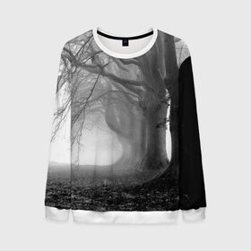 Мужской свитшот 3D с принтом Туман в лесу в Екатеринбурге, 100% полиэстер с мягким внутренним слоем | круглый вырез горловины, мягкая резинка на манжетах и поясе, свободная посадка по фигуре | black   white | fog | forest | morning | photo | silhouette | trees | деревья | лес | силуэт | туман | утро | фото | черно   белое