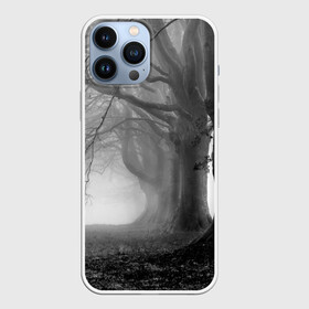 Чехол для iPhone 13 Pro Max с принтом Туман в лесу в Екатеринбурге,  |  | black   white | fog | forest | morning | photo | silhouette | trees | деревья | лес | силуэт | туман | утро | фото | черно   белое