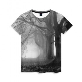 Женская футболка 3D с принтом Туман в лесу в Екатеринбурге, 100% полиэфир ( синтетическое хлопкоподобное полотно) | прямой крой, круглый вырез горловины, длина до линии бедер | black   white | fog | forest | morning | photo | silhouette | trees | деревья | лес | силуэт | туман | утро | фото | черно   белое