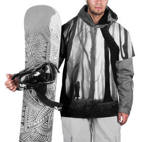 Накидка на куртку 3D с принтом Утро в лесу в Екатеринбурге, 100% полиэстер |  | black   white | fog | forest | man | morning | photo | silhouette | trees | деревья | лес | силуэт | туман | утро | фото | человек | черно   белое